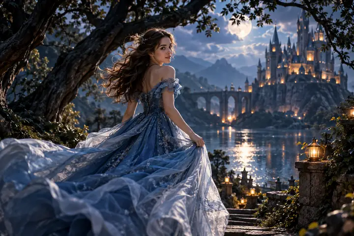 An animated heroine in a blue dress turns beneath dark trees in a dreamy fantasy-film scene.