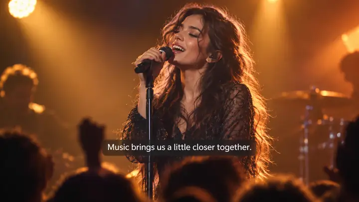 A singer performs under warm stage lights while a neat subtitle preview appears across the video frame.