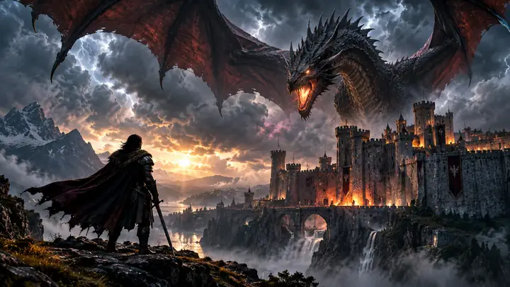 A dark winged dragon rises above a stone castle under a stormy fantasy sky.
