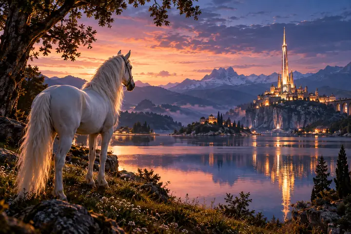 A white horse stands beside a reflective lake as a distant illuminated tower glows at twilight.