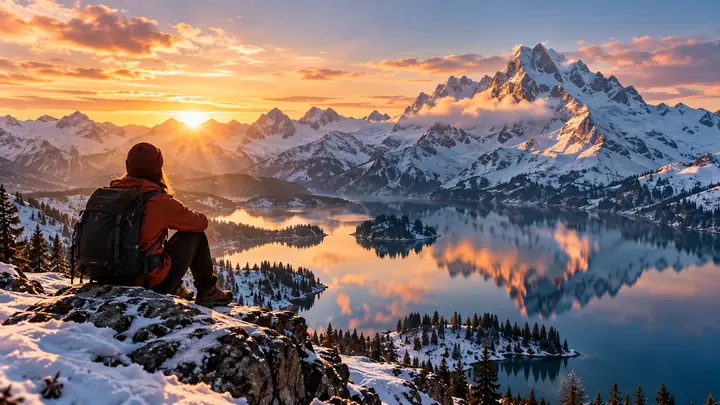 Sunlight breaks over snowy mountain peaks and a still alpine lake at dawn.