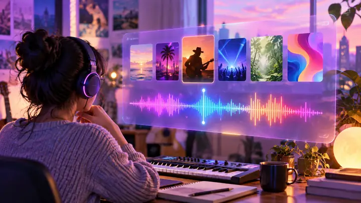 A purple music-making interface displays genre choices and a vivid audio waveform on a pastel background.