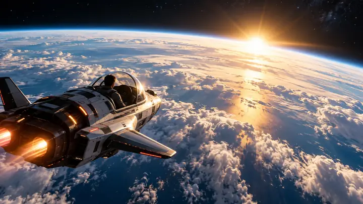 A small spacecraft travels above Earth's bright clouds with sunlight spilling across the horizon.