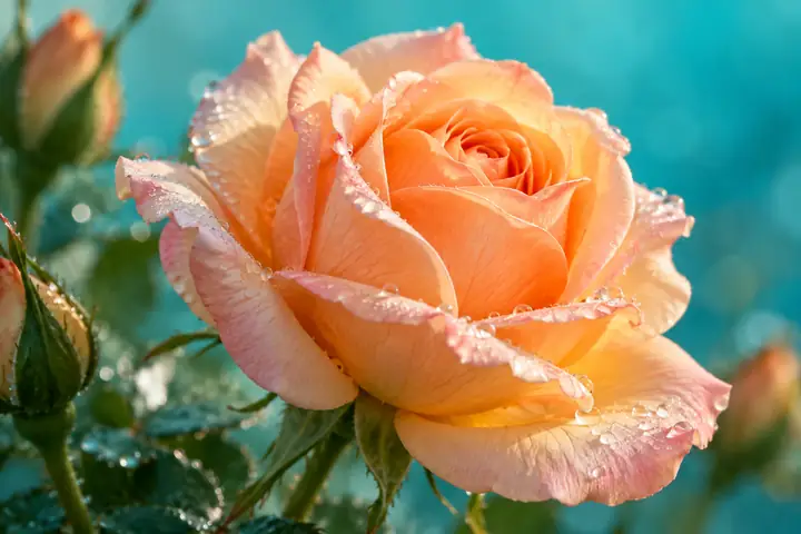 A peach-colored rose opens beside a green bud against a serene turquoise background.