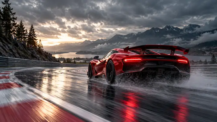 A red supercar speeds along a wet racetrack beneath overcast skies in a dramatic cinematic frame.