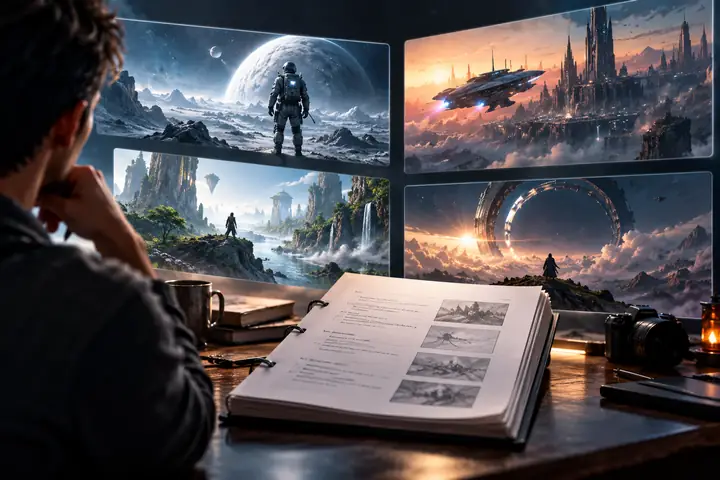 A compact script document sits in front of several dramatic science-fiction video scene previews.