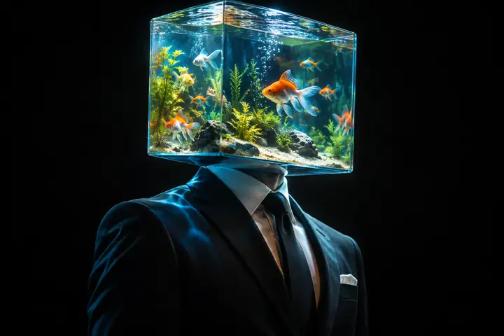 A formally dressed person with a luminous aquarium for a head stands against a black studio background.