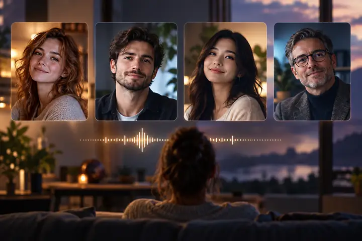 A refined voice-selection interface shows four portrait thumbnails and a short line of narration text.