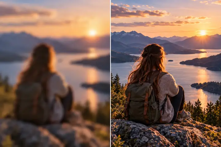 A split-screen portrait demonstrates a softly blurred frame beside a clear high-detail video frame.